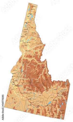 Highly detailed Idaho physical map with labeling.