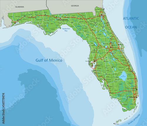 High detailed Florida physical map with labeling.