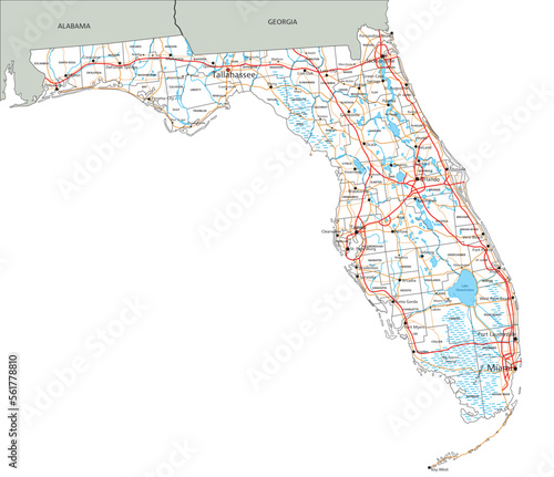 High detailed Florida road map with labeling.
