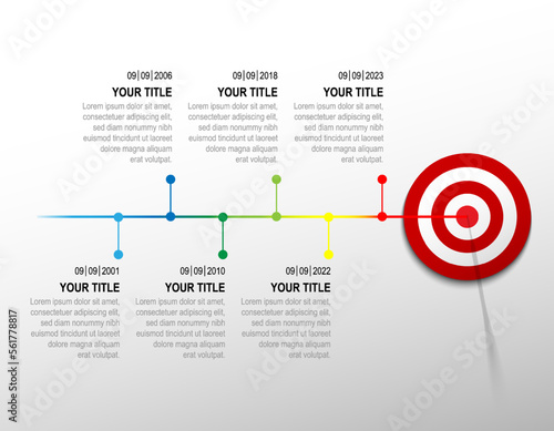 Colours line hit red dartboard with infographic. target timeline left to right. Business data chart, investment goal, marketing challenge, strategy presentation, achievement diagram. vector template.