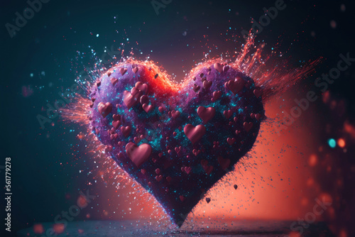 Valentines day, heart explosion with gliter, background illustration.