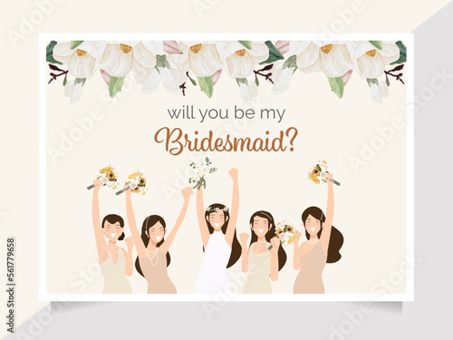 cute bride and bridesmaid on watercolor white magnolia flower bouquet invitation card template