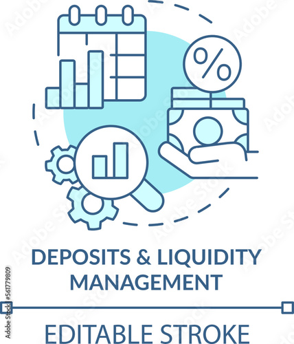 Deposits and liquidity management turquoise concept icon. Treasury management service abstract idea thin line illustration. Isolated outline drawing. Editable stroke. Arial, Myriad Pro-Bold fonts used