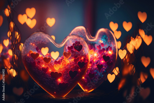 Valentines day, two hearts, shiny light background illustration.