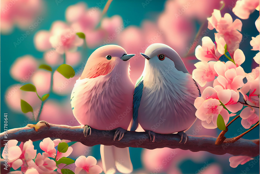 Adorable Love Birds sitting on a branch of a cherry blossom tree Ai
