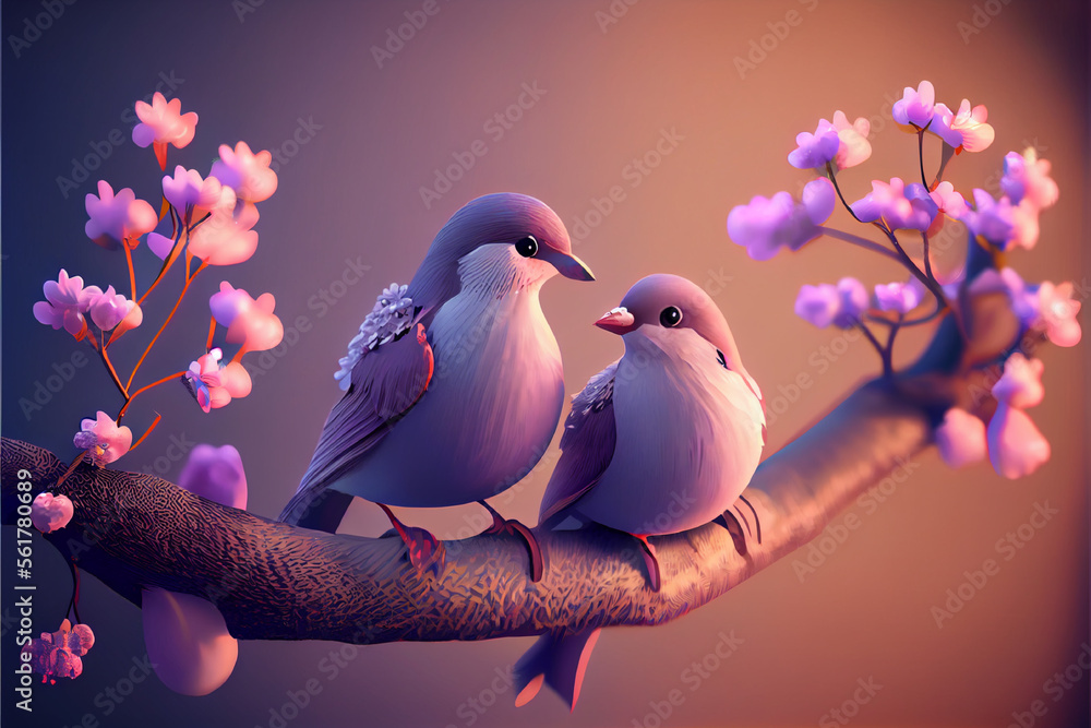 Adorable Love Birds sitting on a branch of a cherry blossom tree | Ai