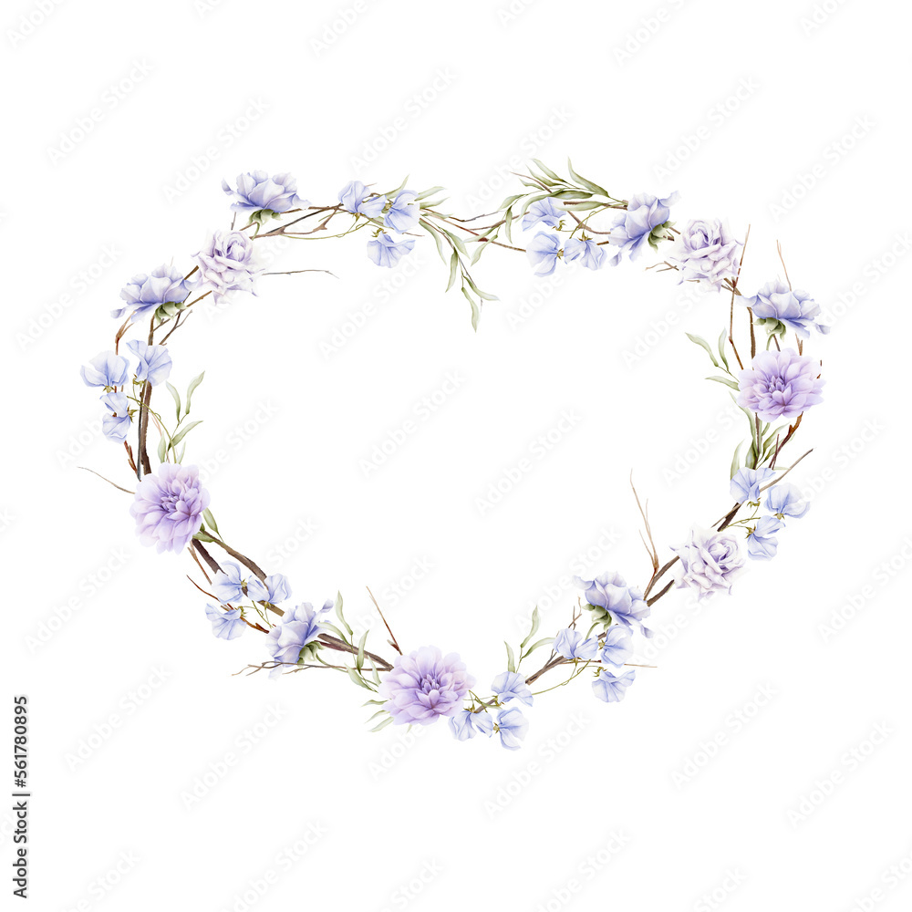 Hand drawn twig heart with violet flowers. Watercolor illustration for San Valentino, wedding, engagement, mother day cards and posters.