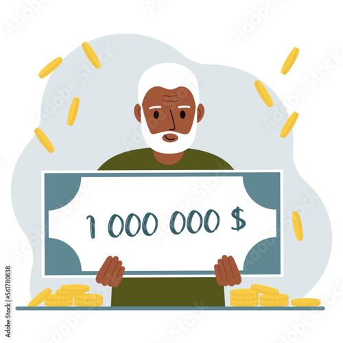 Jackpot, the concept of winning cash money. Happy smiling old man holding a certificate for one million dollars in his hands. Feeling excited, celebrating a win.
