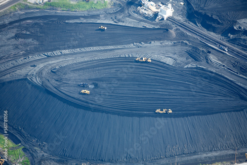Aerial view of coal stockpile at power plant photo
