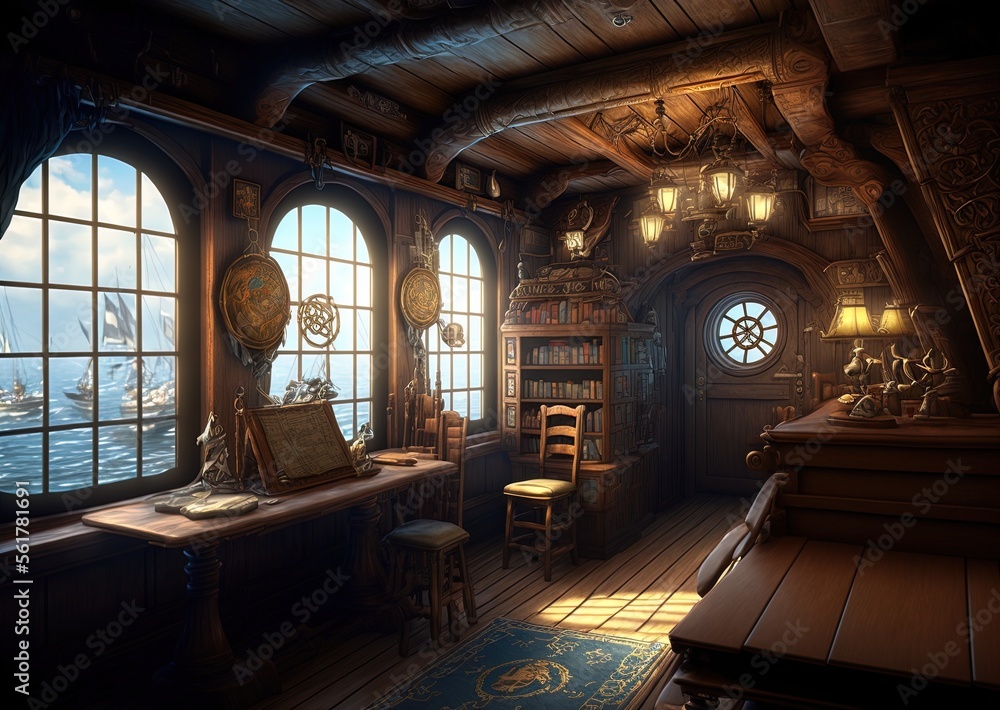 Obraz premium Interior of the Captain's Cabin, a Pirate Ship Generative AI