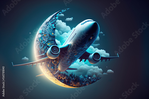 Creative idea design for Eid. Eid ul Adha and Eid ul Fitr. The moon is being propelled by an airplane engine. The sky above where the plane is flying is cloudy. illustration. a background of dark blue