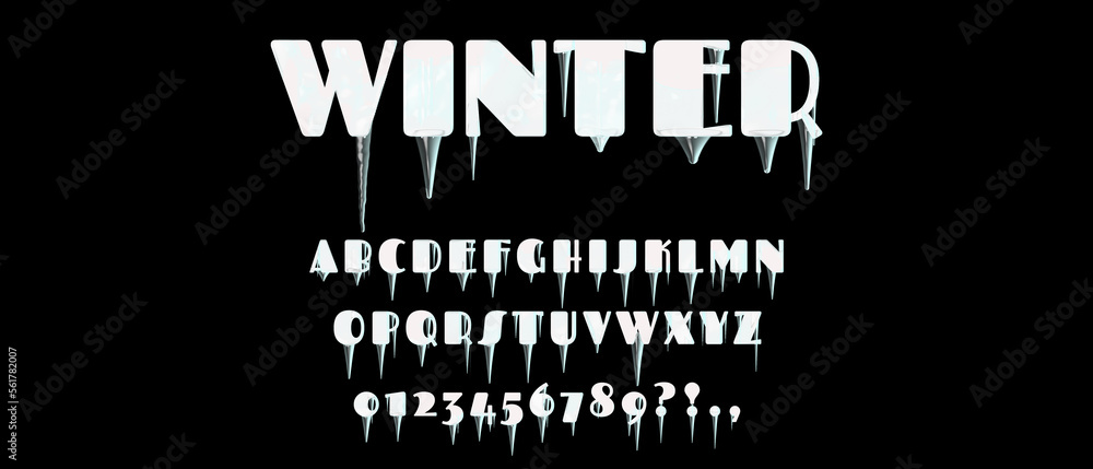 Icicle font with capital letters and numbers, frozen winter alphabet, creative uppercase typography for poster, invitation, greeting card - obrazy, fototapety, plakaty 