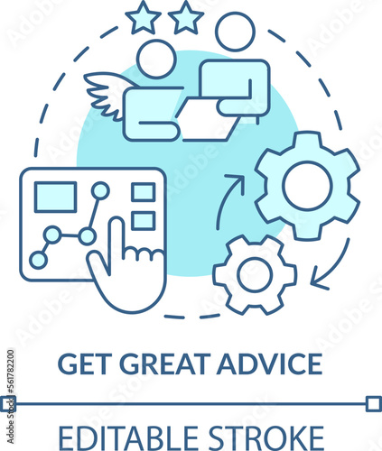 Get great advice turquoise concept icon. Analytics tools. Treasury management benefit abstract idea thin line illustration. Isolated outline drawing. Editable stroke. Arial, Myriad Pro-Bold fonts used