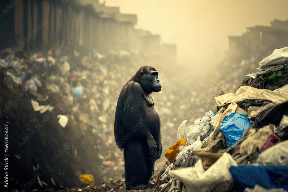 Gorilla auf einer Müllhalde, Umweltverschmutzung - ai generiert