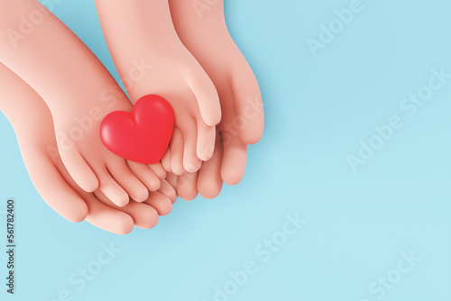 3d icon red heart in hand. cartoon arm holding gesture hand give red heart. Realistic illustration of donation love or charity for appreciation social media isolated on Blue background. 3d rendering