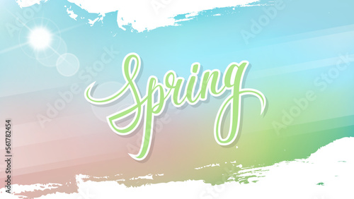 Springtime blurred background with bright sun, hand lettering and brush strokes for your Spring Season graphic design. Vector illustration.