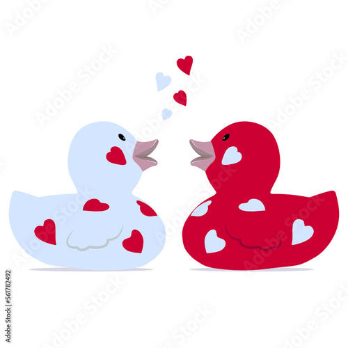 A couple of bath ducks in love with floating red and white hearts.