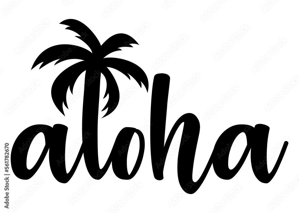 Logo destino de vacaciones. Letras de la palabra hawaiana aloha en texto manuscrito con silueta de la palma en lugar de letra l