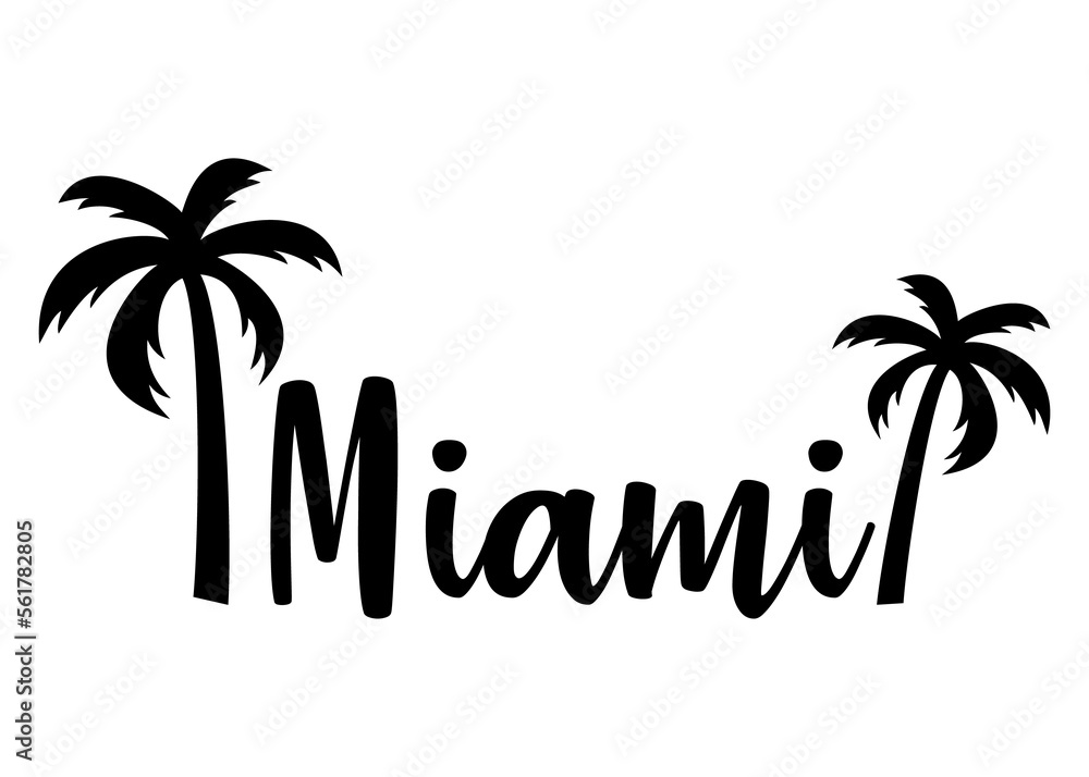 Destino de vacaciones. Letras de la palabra Miami con silueta de la palma. Texto manuscrito Miami