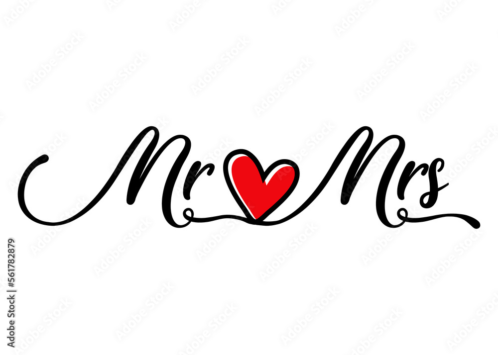 Logo aislado con palabra Mr and Mrs en texto manuscrito con silueta de corazón para su uso en invitaciones y tarjetas Logo aislado con palabra Mr and Mrs en texto manuscrito con silueta de corazón para su uso en invitaciones y tarjetas