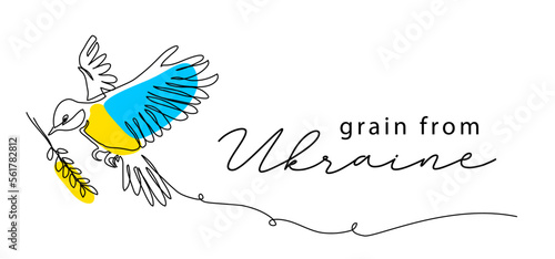 Grain from Ukraine concept. Great tit bird vector pattern in blue and yellow colors with wheatear. One continuous line art drawing Graine from Ukraine initiative illustration