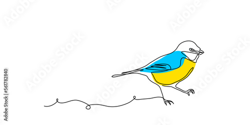 Great tit bird vector pattern in blue and yellow colors. One continuous line art drawing of great tit