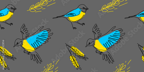 Great tit bird seamless vector pattern in blue and yellow colors with grain, wheatear. Graine from Ukraine concept. One continuous line art drawing of great tit pattern