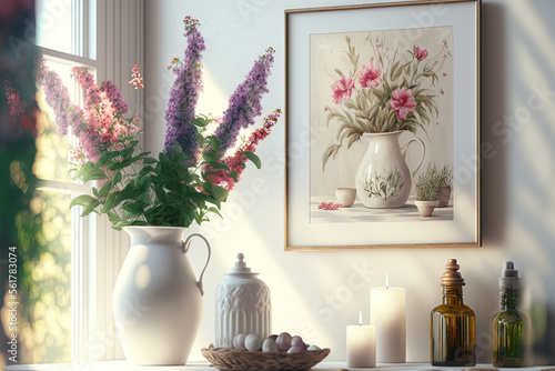 Fresh flowers in white vase placed on a small table in bright room interior with paintings  potted plants and candles on shelves in blurred background. Generative AI