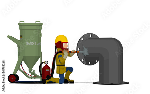 A worker is sand blasting on white background