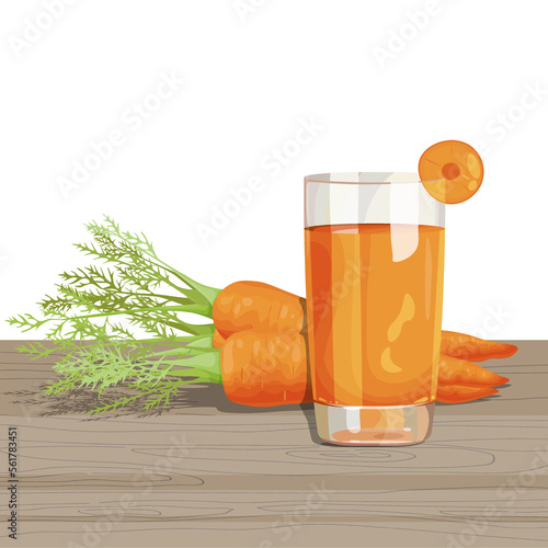 Carrot bright juicy vegetable, healthy vegetarian food, glass of carrot juice on the table. Vector isolated picture on white background.