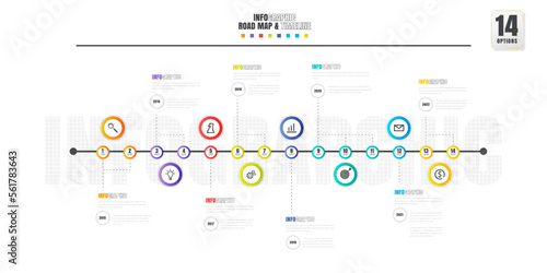 Timeline infographics design template with 14 options, process diagram.