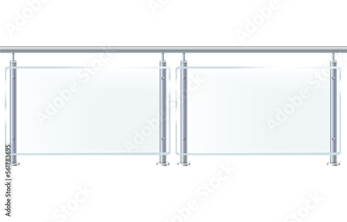 Glass or plexiglass fence with banisters. Architectural guardrail for balcony or office terrace.