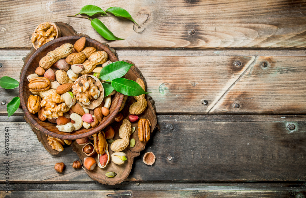 Different kinds of nuts in bowl with leaves. Different kinds of nuts in bowl with leaves.