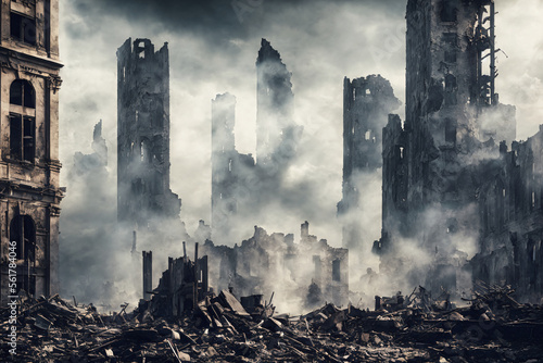 view of destroyed by war city ruins of buildings and smoke in air, generative AI