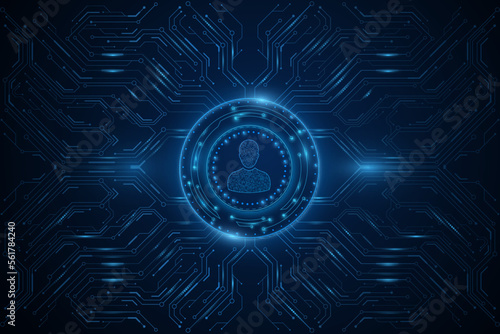 Modern user display. HUD round with glowing cpu board. Storage of network user data. UI and UX design. Vector illustration