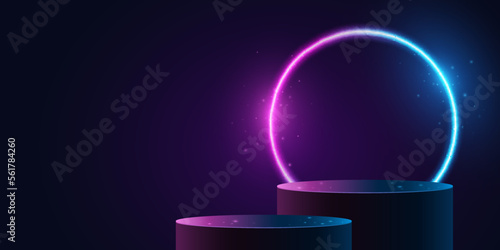 Glowing pedestal with purple and blue neon arc. 3d podium to display your brand product. Magical platform. Vector illustration