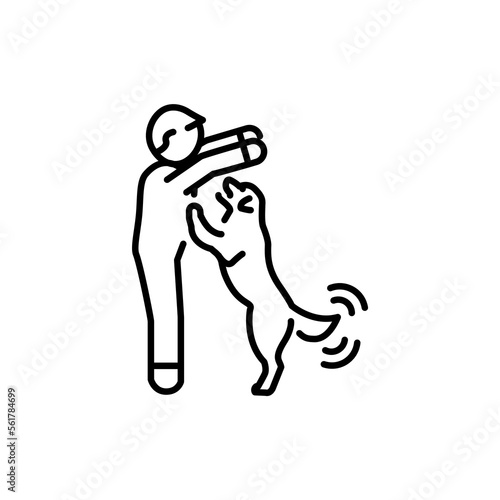 Joyful pet jumps on the owner color line icon. Dog training.