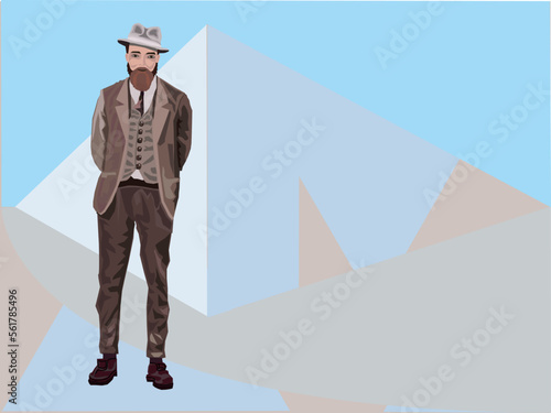 hipster. A man in a suit on a blue background. Free space for your text. Stylized drawing in vector style.