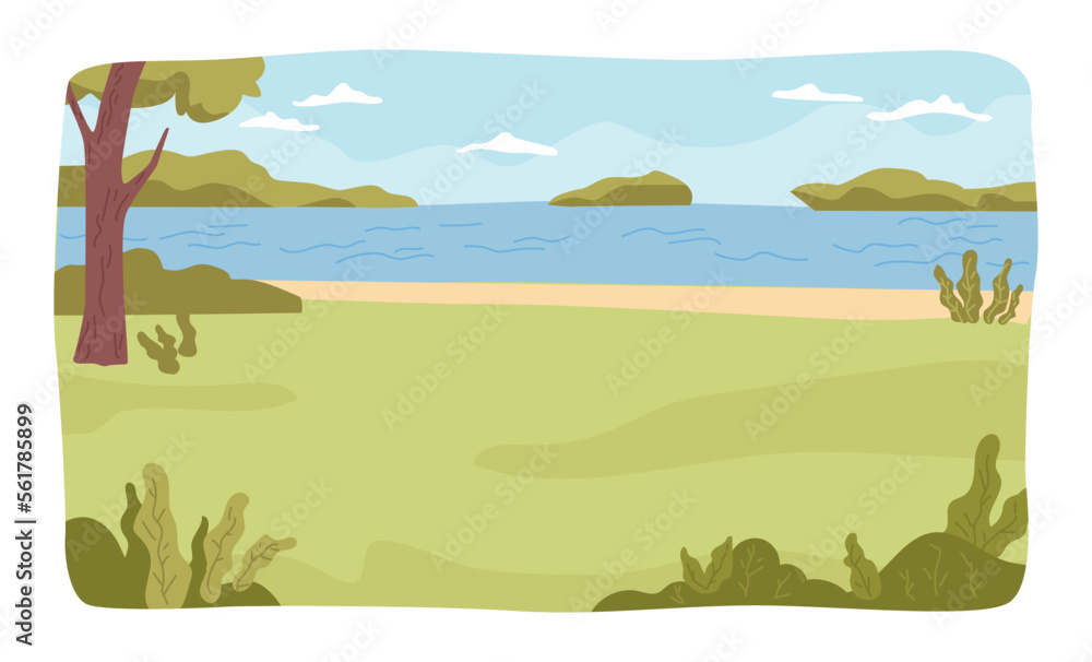 Lake landscape with trees and bushes, grass, and water waves. Summer vacation spot, recreation on nature. Coast or bank of river. Vector in flat style