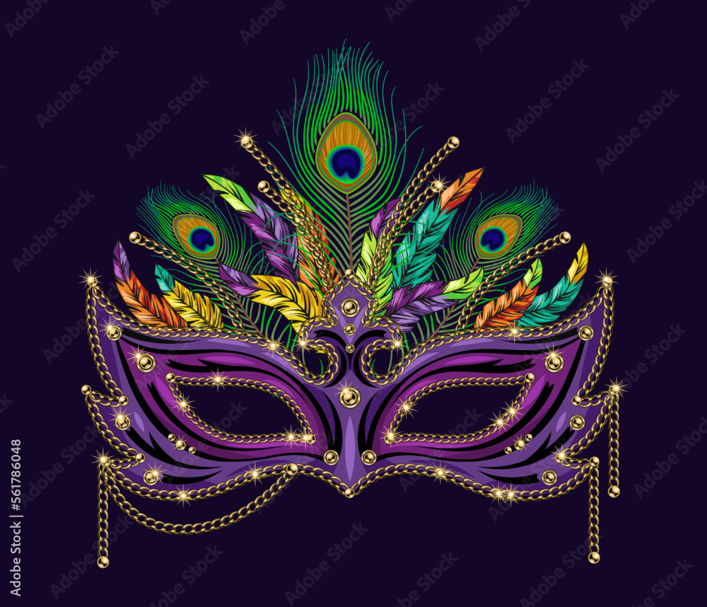 Carnival luxury mask decorated with beads, bundle of colorful feathers, golden chains. Detailed illustration in vintage style