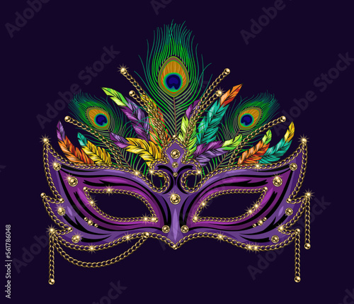 Carnival luxury mask decorated with beads, bundle of colorful feathers, golden chains. Detailed illustration in vintage style