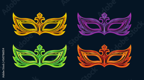 Set of colorful carnival masks decorated with beads. Detailed illustration in vintage style