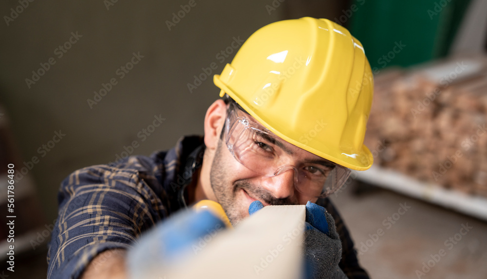 Male carpenter holding wood, using his eyes to see if the wood is cut to size or not in the woodworking workshop at home Male carpenter holding wood, using his eyes to see if the wood is cut to size or not in the woodworking workshop at home