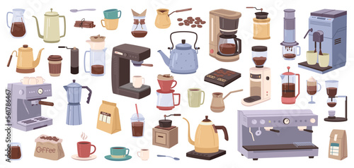 Equipment and machinery for brewing and preparing coffee isolated icons set. Isolated cezve and beans, cup with hot beverage and package with powdered coffee. Vector in flat style