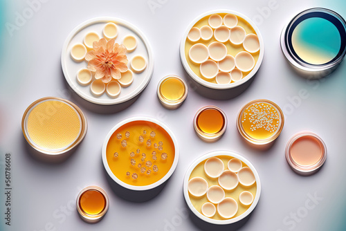 Cosmetics on petri dishes against a white background. flat lay, top view. skincare concepts. Cosmetic science dermatology lab. Organic skin care products, cosmetic research, and natural medicine