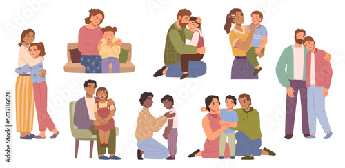 Crying children being comforted by parents. Mother and father hugging and cuddling kid, soothing and calming down, quieten infants. Vector happy families in flat style