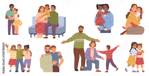 Parents hugging children, happy family relationship and spending time together. Dad and mom with son and daughter, sisters and brothers. Vector in flat style