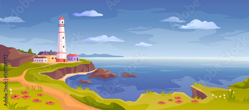 Seascape with shore and rocks, lighthouse or beacon and architecture. Ocean and water landscape with searchlight in island by sea. Vector in flat style