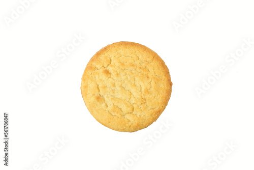 Top view of single butter cookie isolated on white background