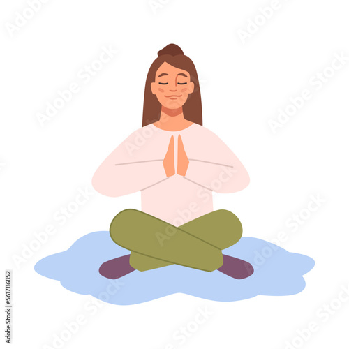 Meditating female character sitting in lotus pose. Reaching balance and mindfulness, mental health and harmony with the inner self. Vector in flat style